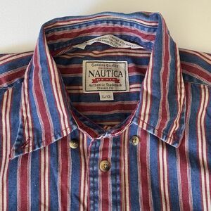 Vintage 90s Nautica Heavy Denim Multi Stripe Shirt Mens Large‎